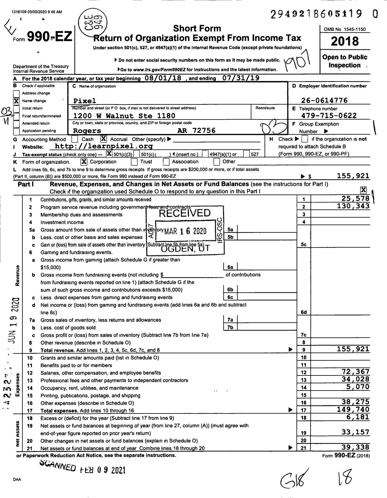 Image of first page of 2018 Form 990EZ for Pixel