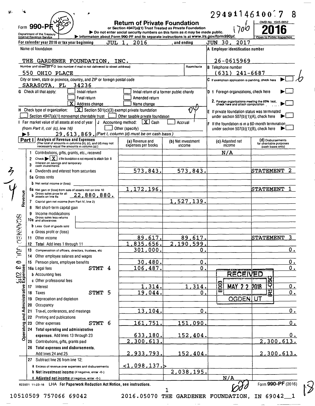 Image of first page of 2016 Form 990PF for The Gardener Foundation