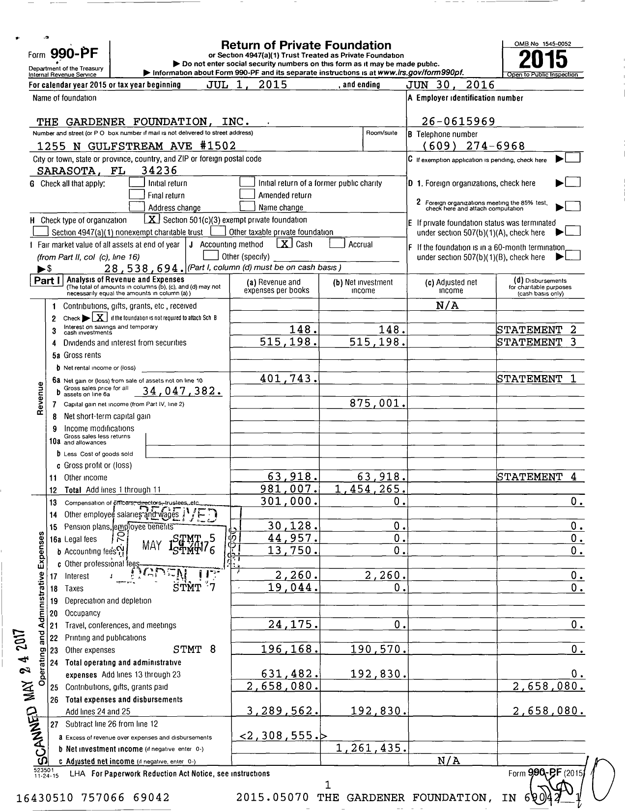 Image of first page of 2015 Form 990PF for The Gardener Foundation