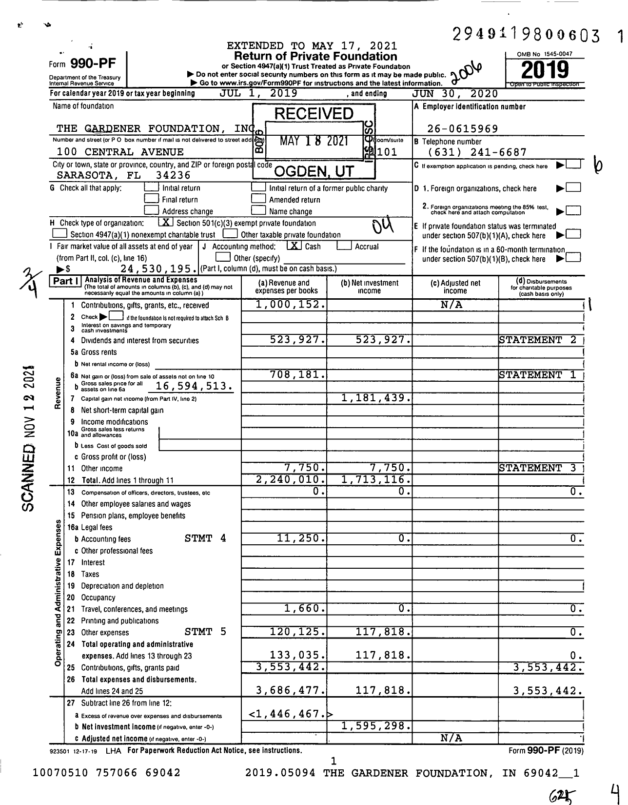 Image of first page of 2019 Form 990PF for The Gardener Foundation