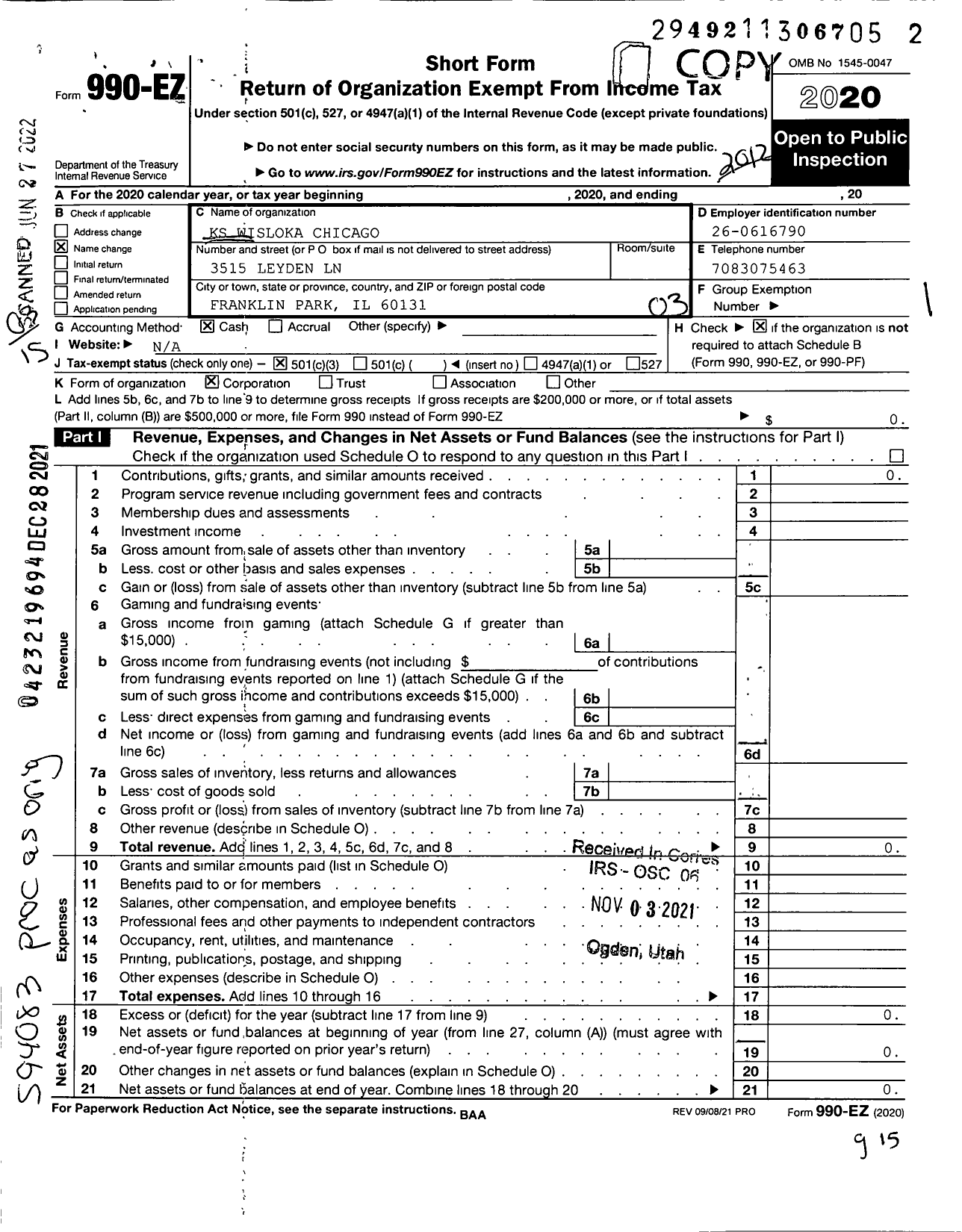 Image of first page of 2020 Form 990EZ for KS Wisloka Chicago