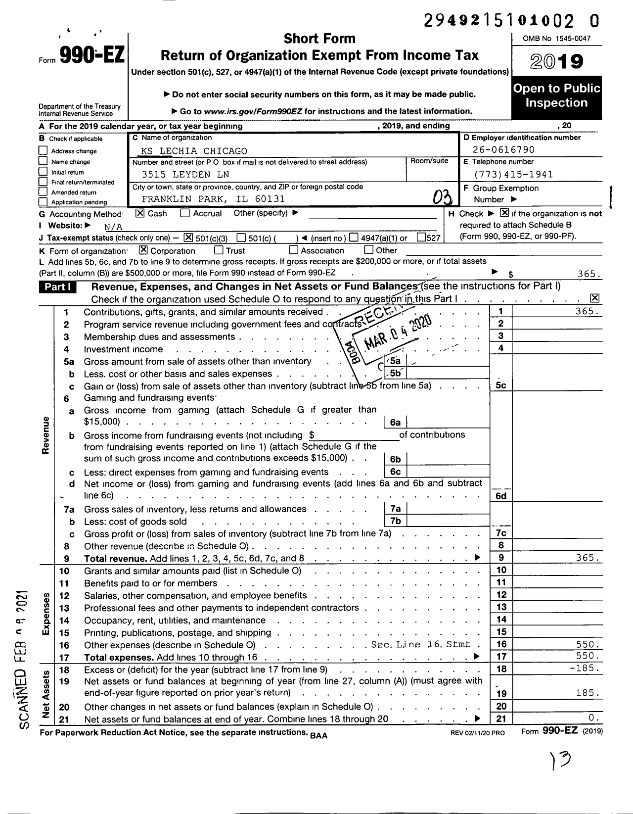 Image of first page of 2019 Form 990EZ for KS Wisloka Chicago