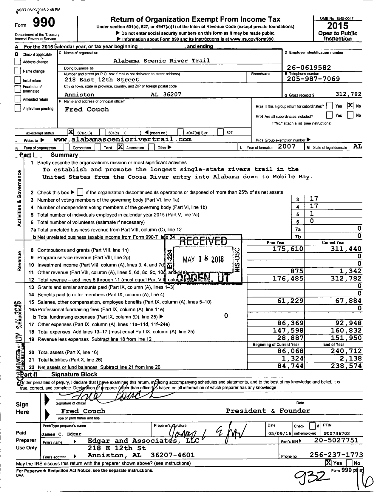Image of first page of 2015 Form 990 for Alabama Scenic River Trail