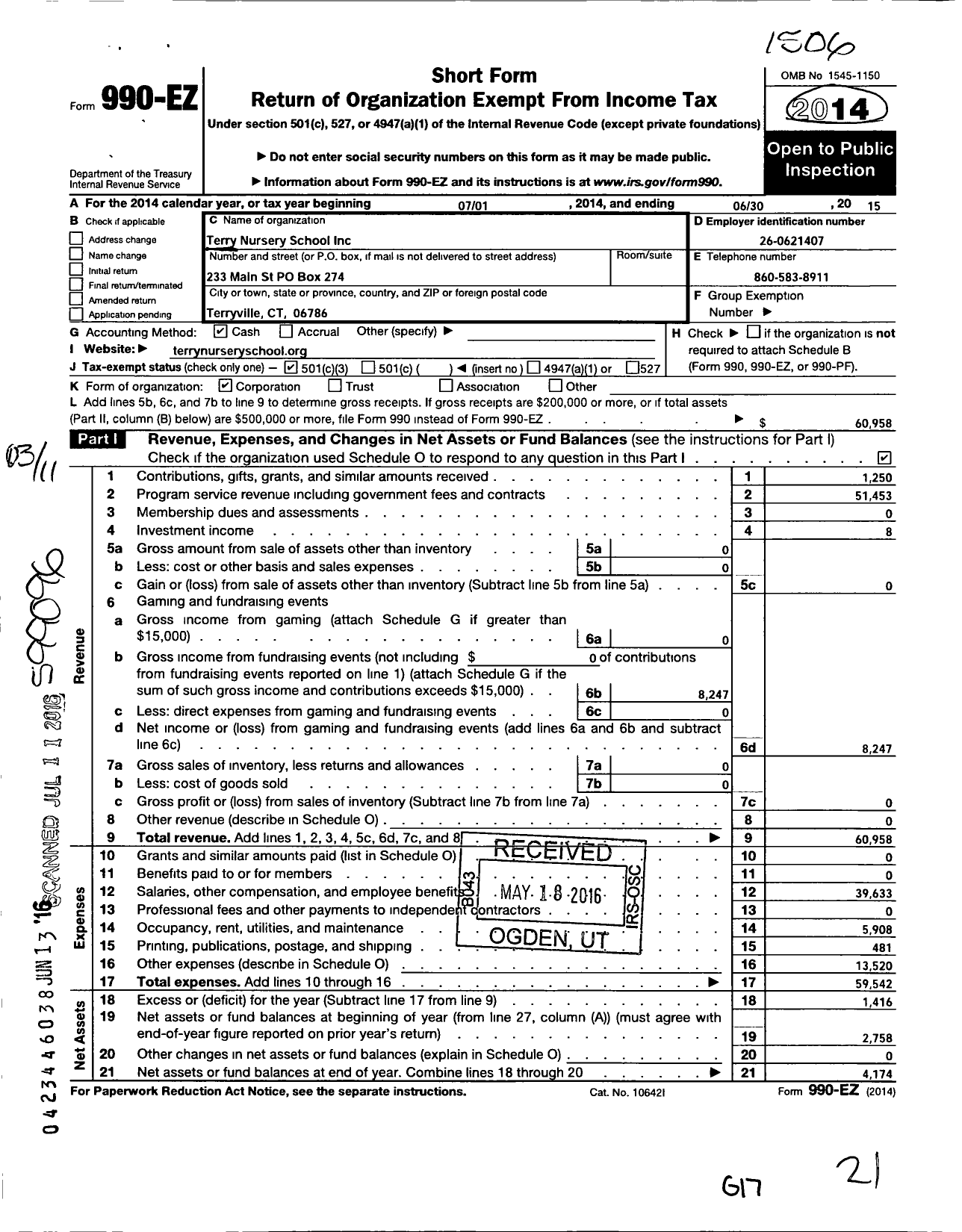 Image of first page of 2014 Form 990EZ for Terry Nursery School