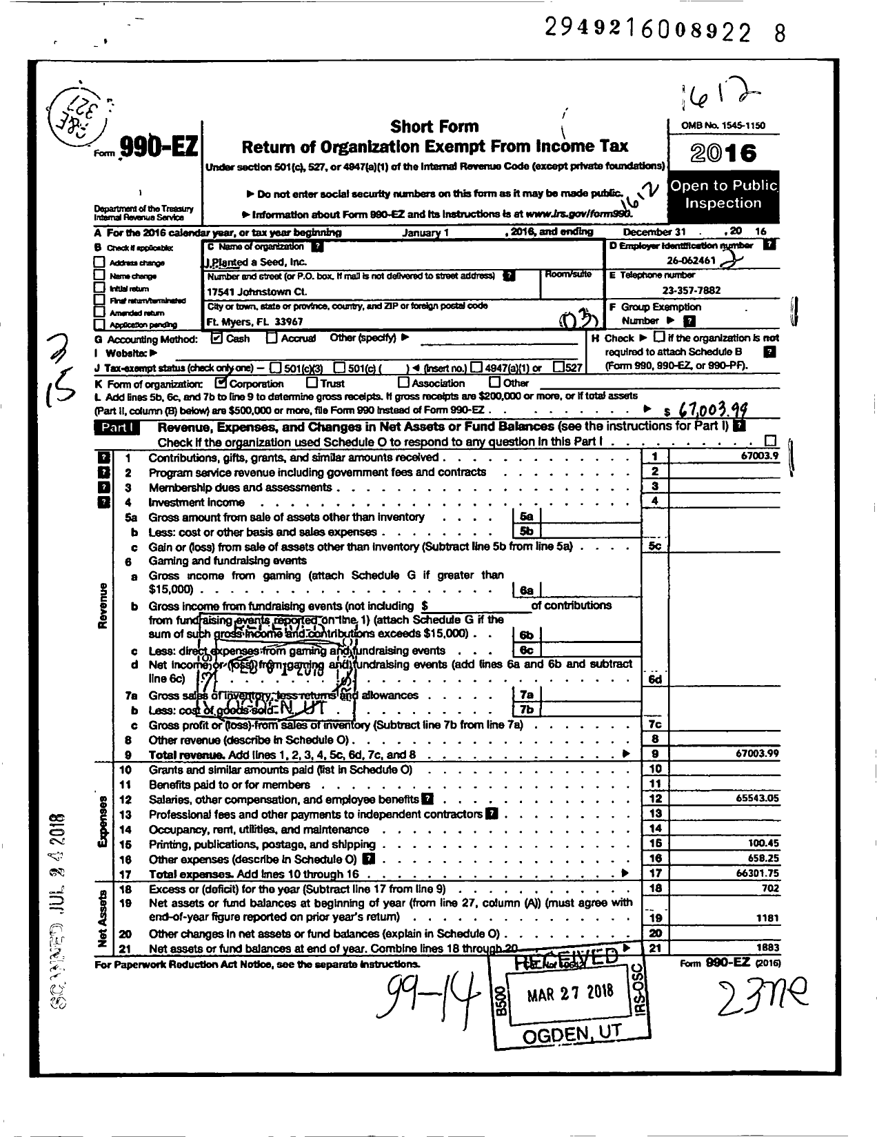 Image of first page of 2016 Form 990EZ for I Planted A Seed