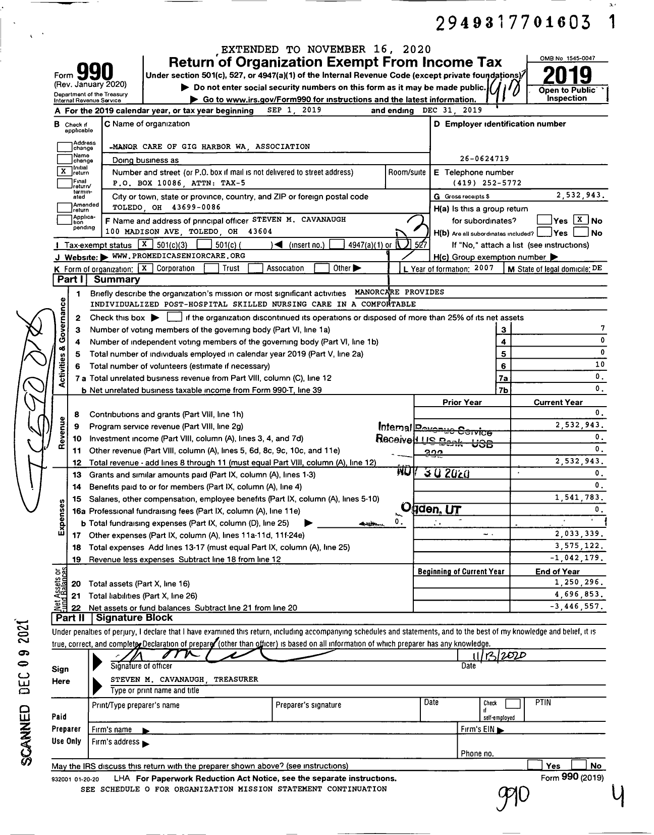 Image of first page of 2019 Form 990 for Manor Care of Gig Harbor Wa Association