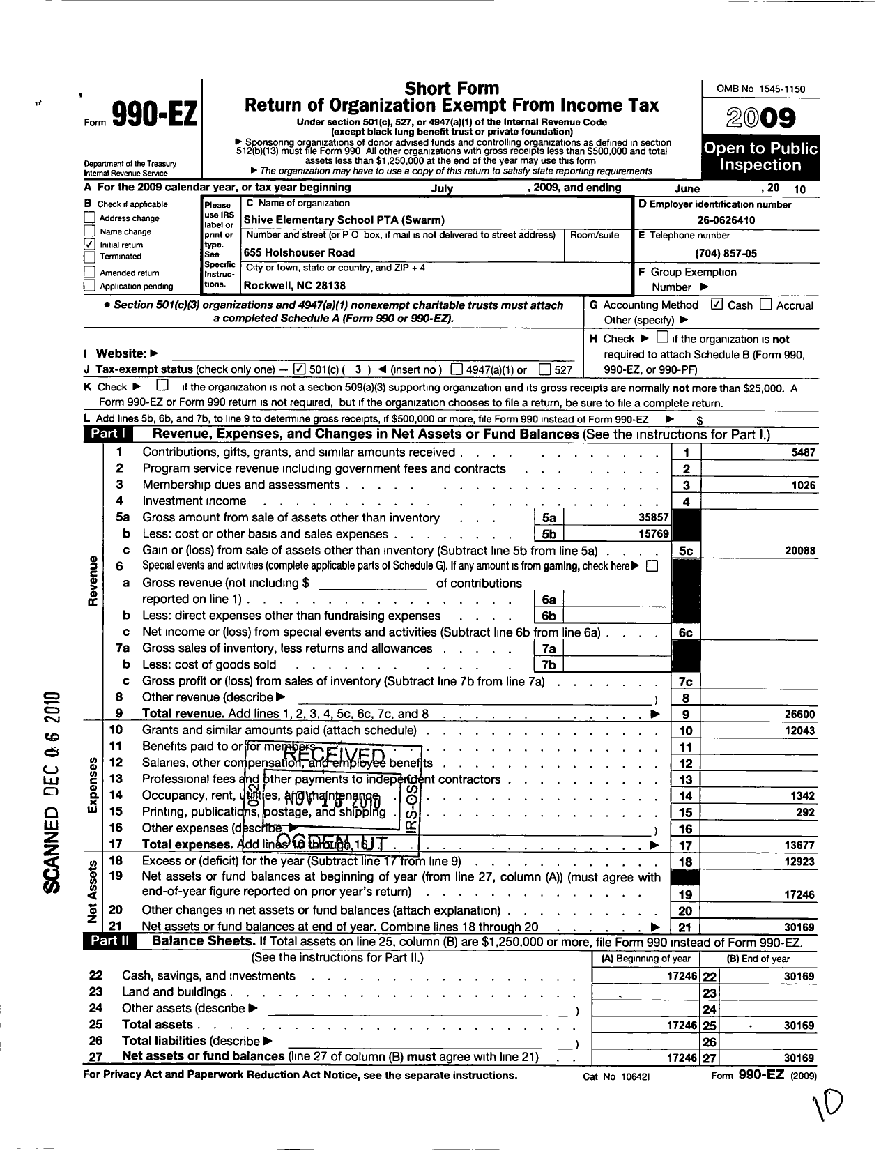 Image of first page of 2009 Form 990EZ for North Carolina PTA - Shive Elementary School PTA