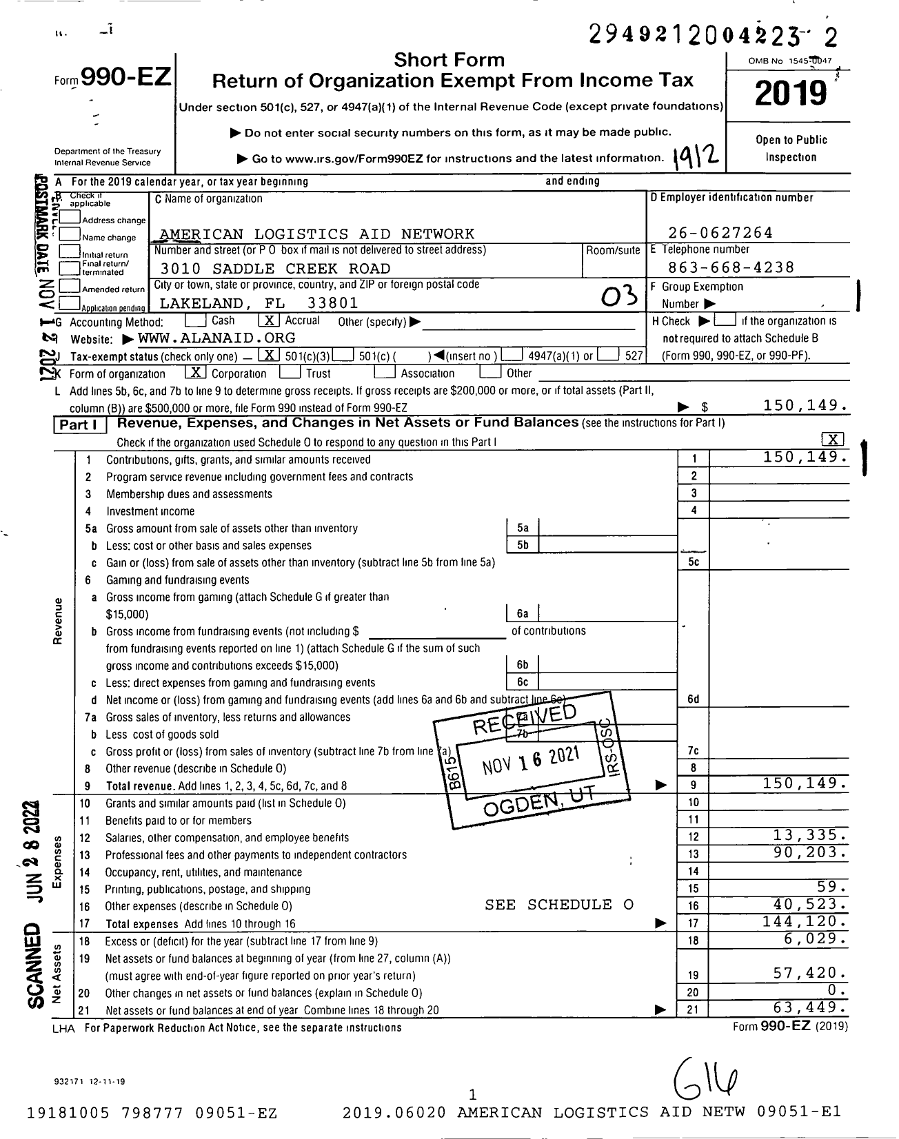 Image of first page of 2019 Form 990EZ for American Logistics Aid Network