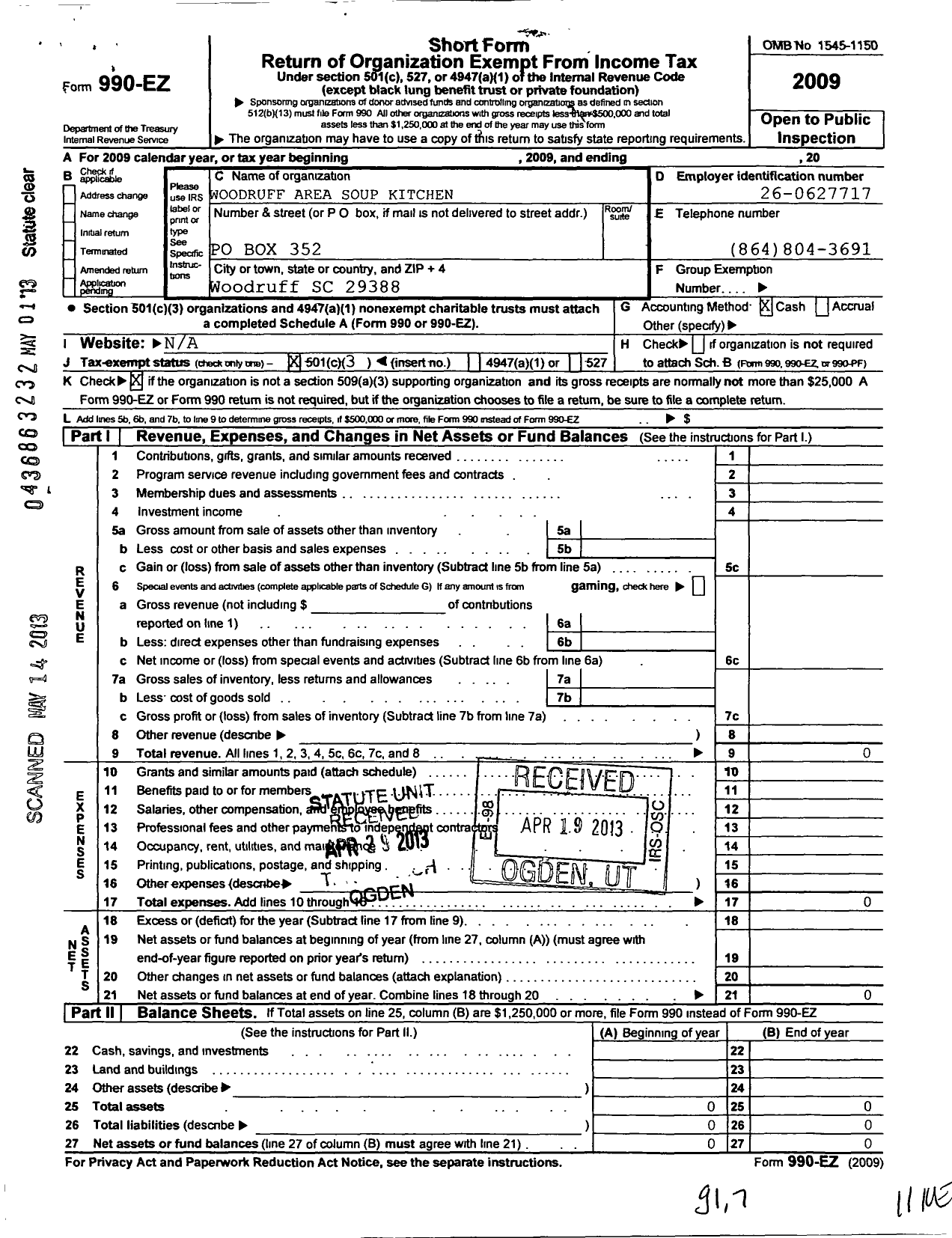 Image of first page of 2009 Form 990EZ for Woodruff Area Soup Kitchen