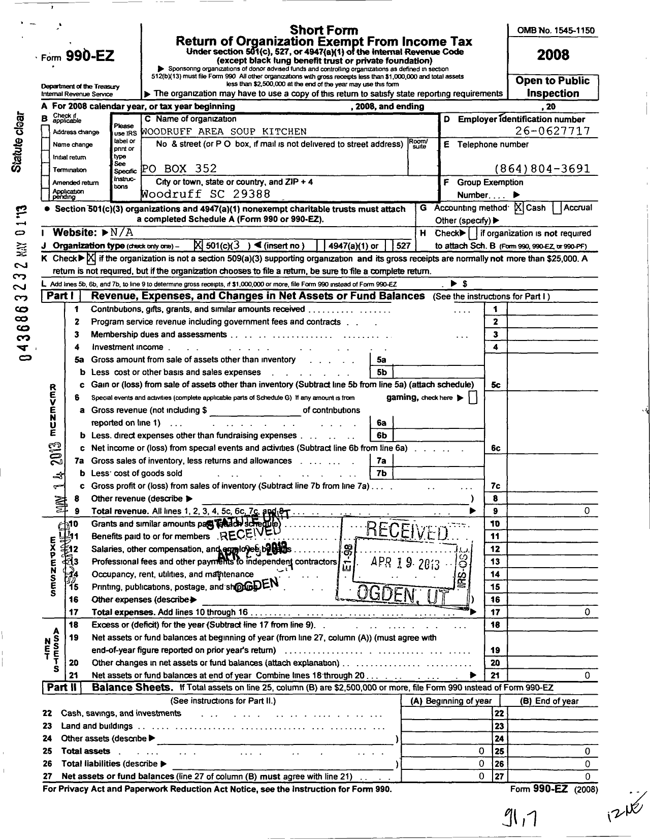 Image of first page of 2008 Form 990EZ for Woodruff Area Soup Kitchen