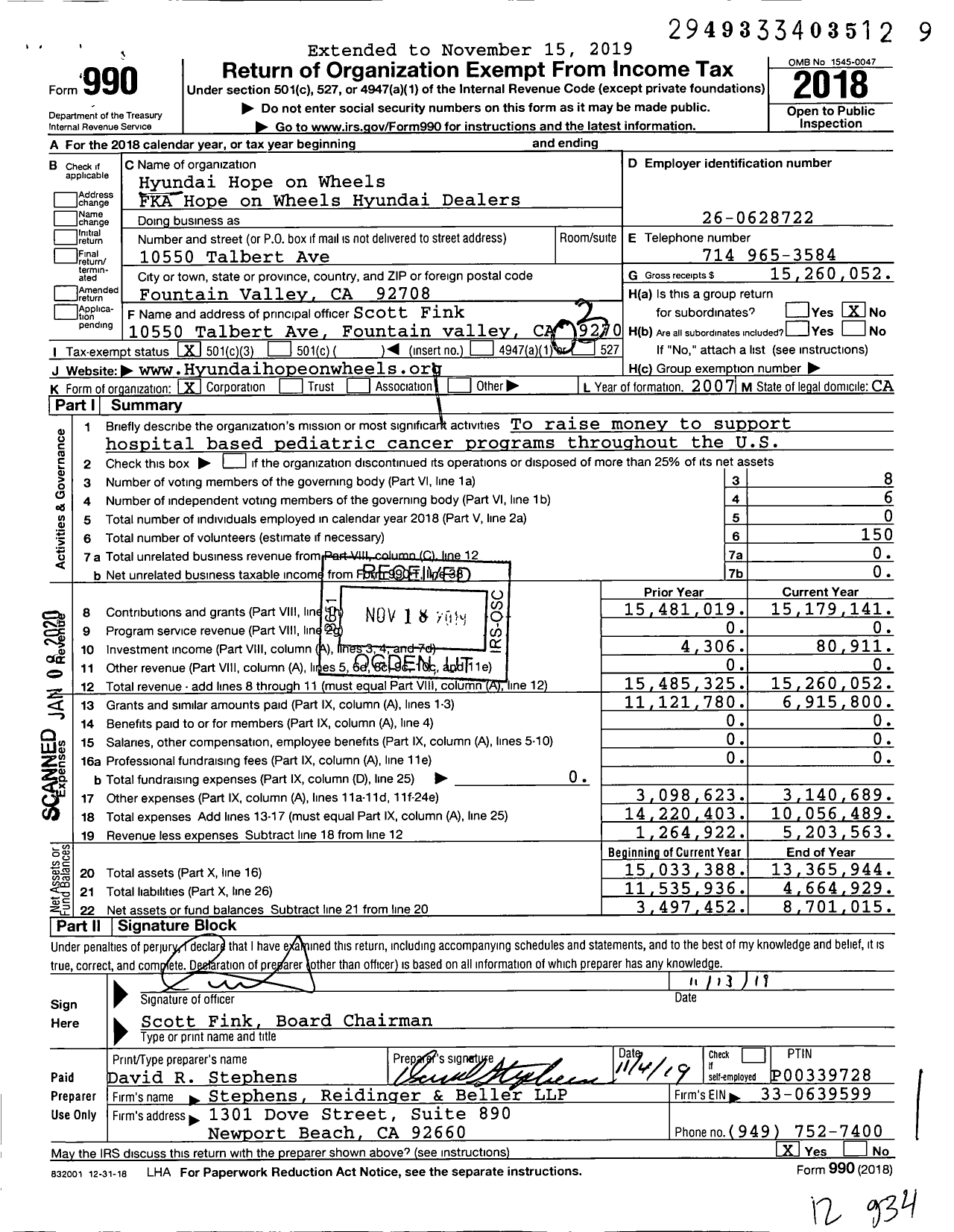 Image of first page of 2018 Form 990 for Hyundai Hope on Wheels