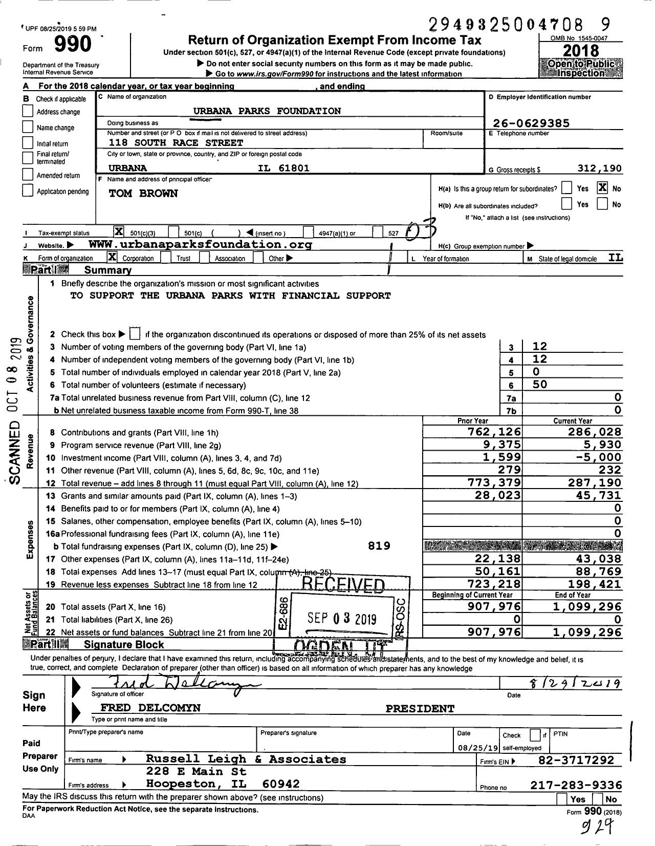 Image of first page of 2018 Form 990 for Urbana Parks Foundation