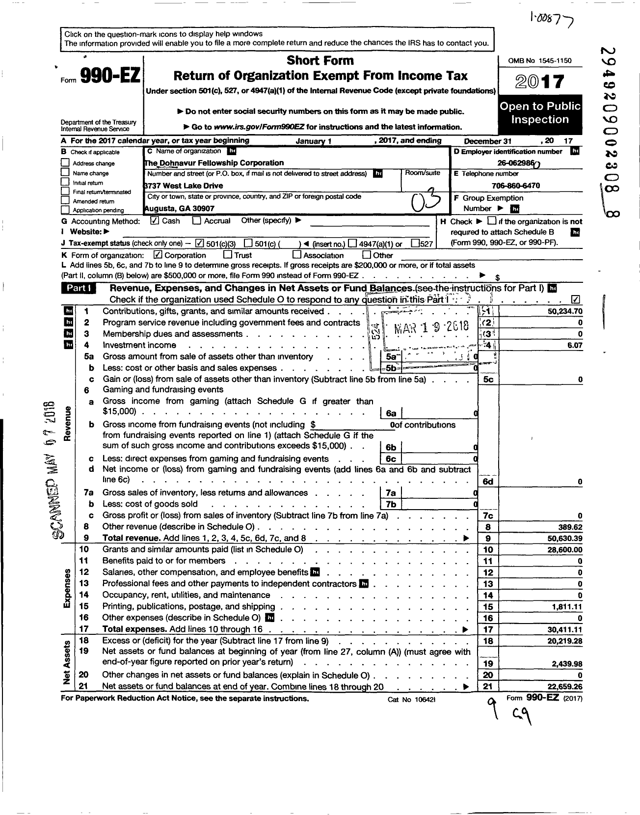 Image of first page of 2017 Form 990EZ for Dohnavur Fellowship Corporation