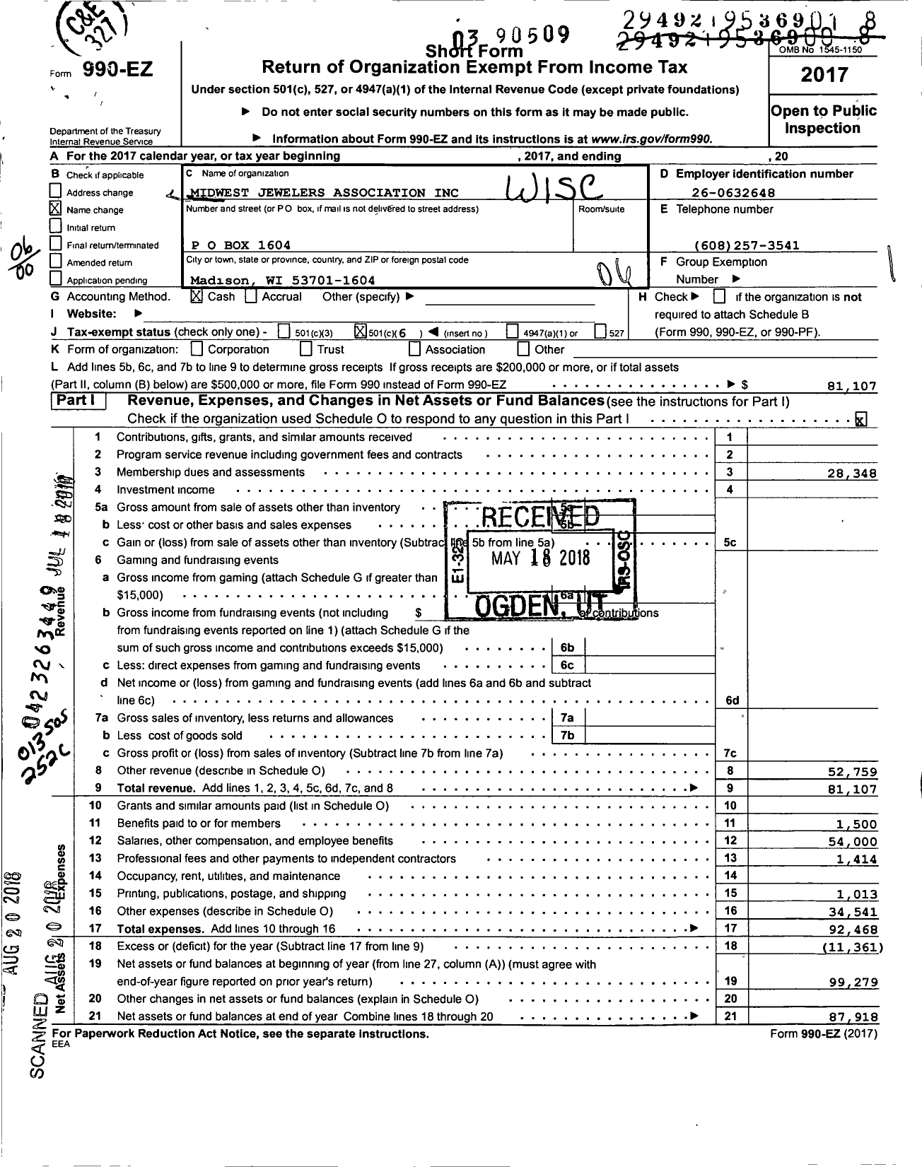 Image of first page of 2017 Form 990EO for Midwest Jewelers Association