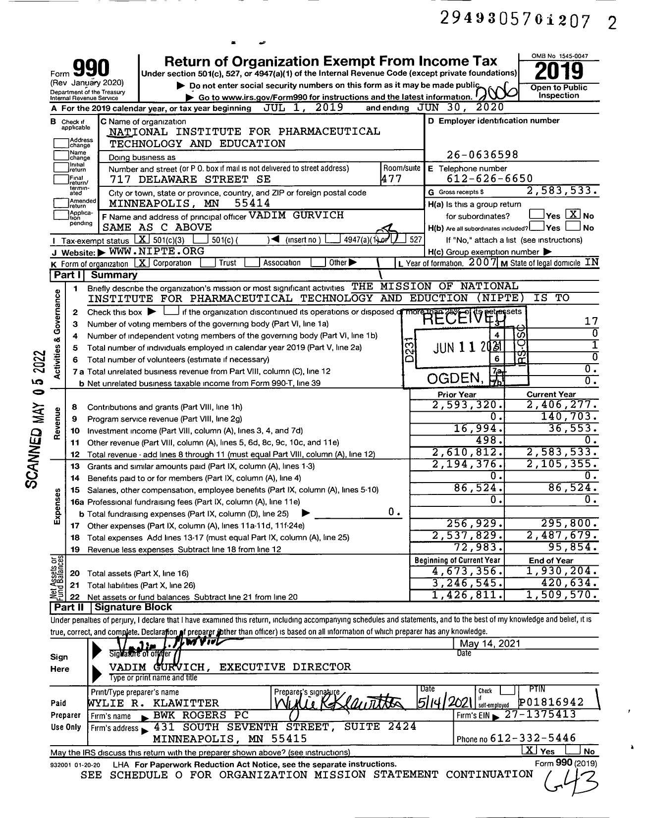 Image of first page of 2019 Form 990 for National Institute Forpharmaceutical Technology and Education (NIPTE)