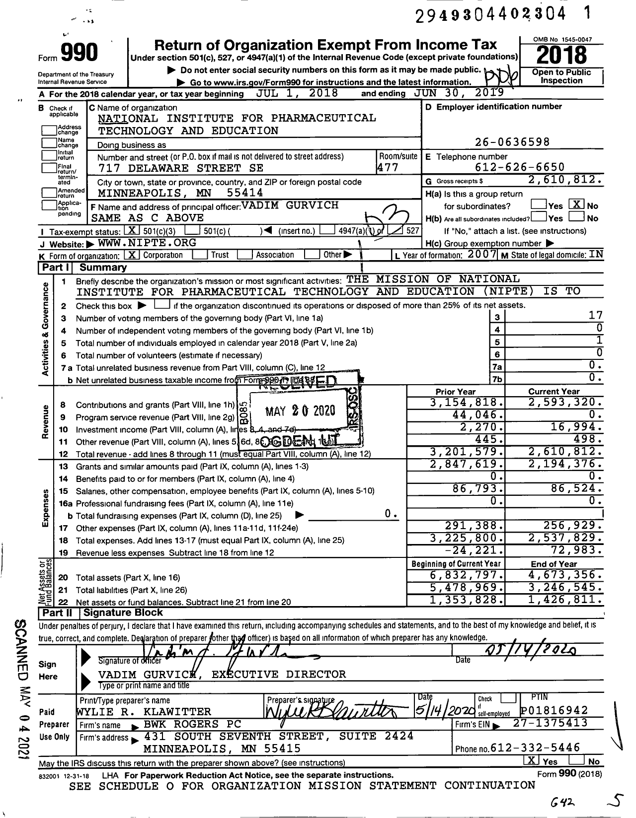 Image of first page of 2018 Form 990 for National Institute Forpharmaceutical Technology and Education (NIPTE)