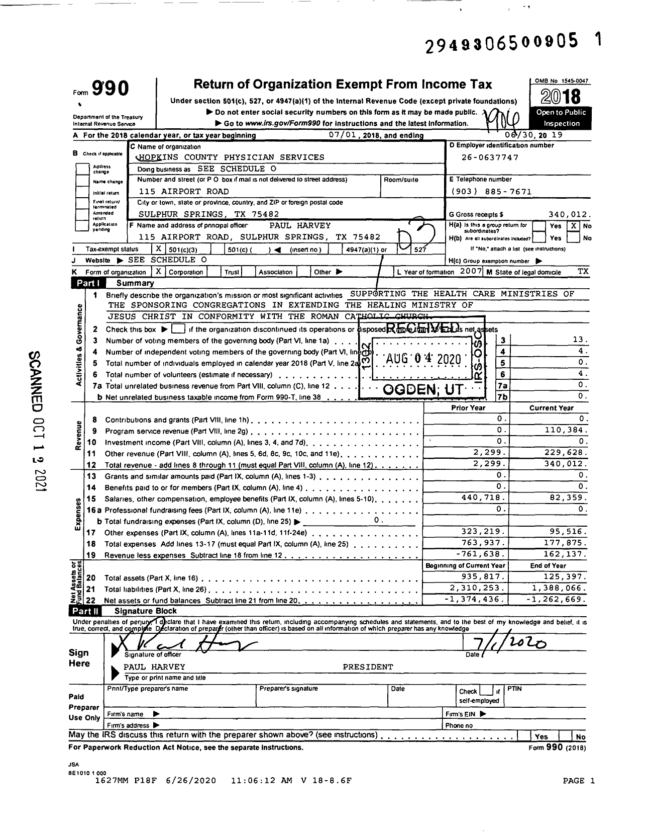 Image of first page of 2018 Form 990 for Hopkins County Physician Services