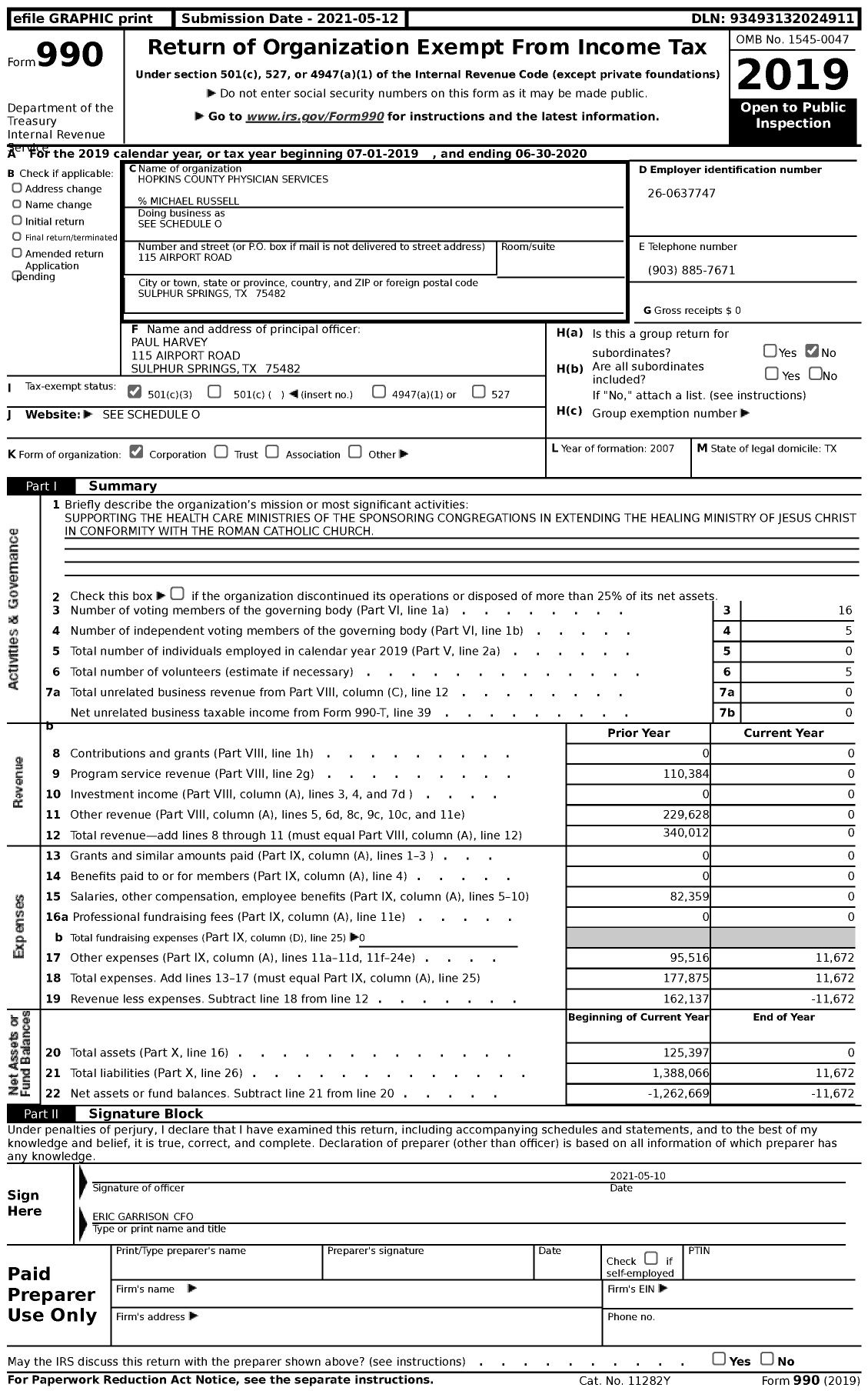 Image of first page of 2019 Form 990 for Hopkins County Physician Services