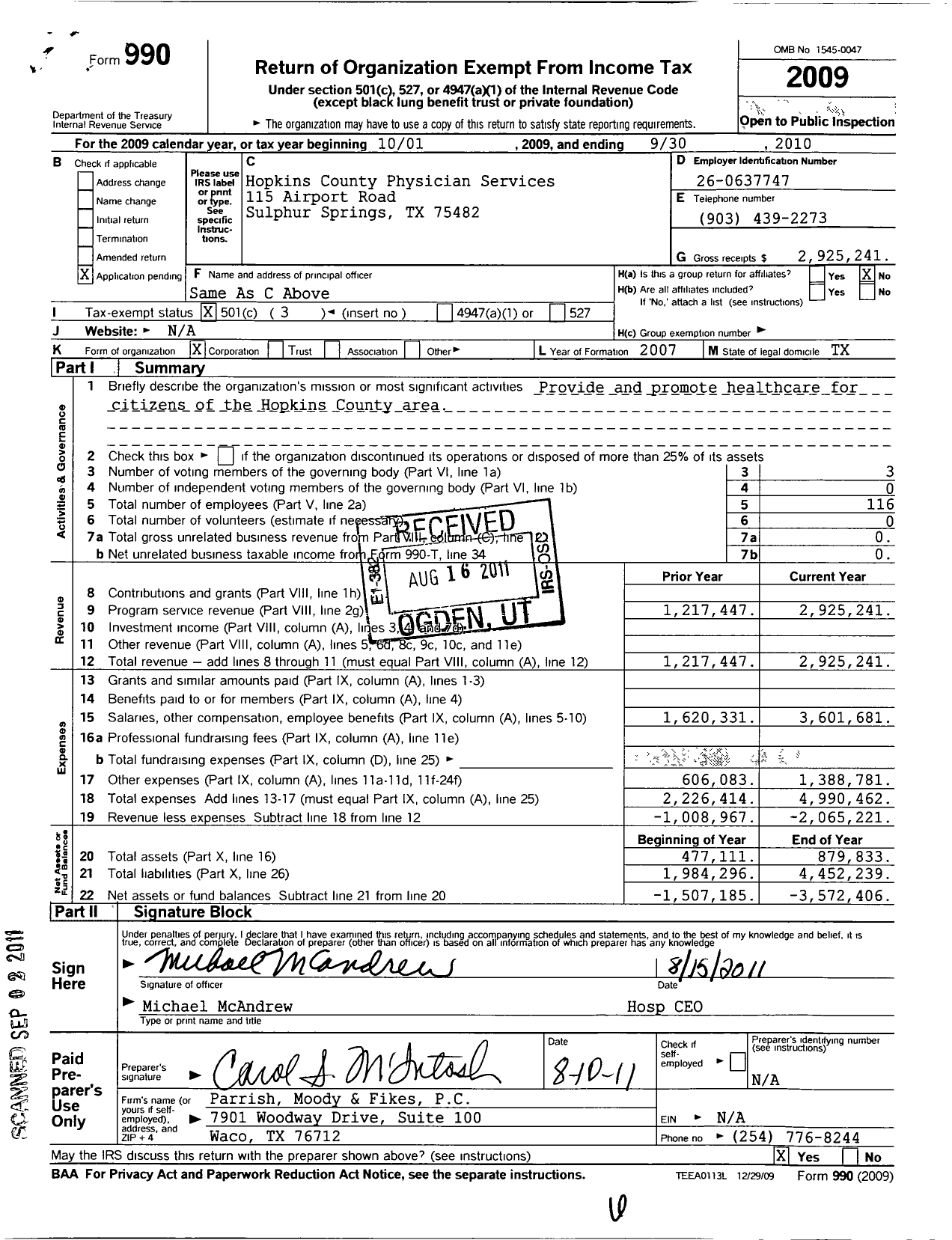 Image of first page of 2009 Form 990 for Hopkins County Physician Services