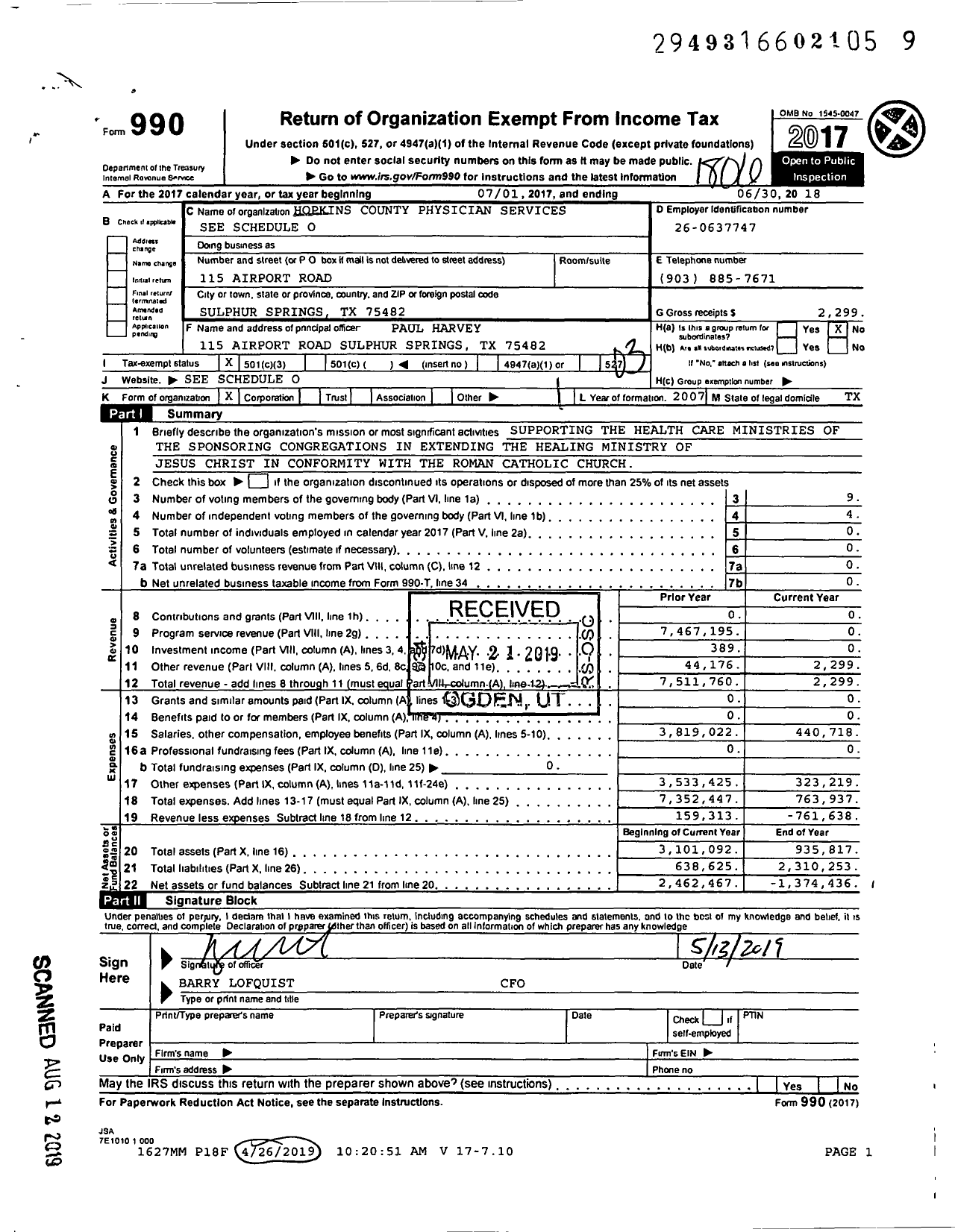 Image of first page of 2017 Form 990 for Hopkins County Physician Services