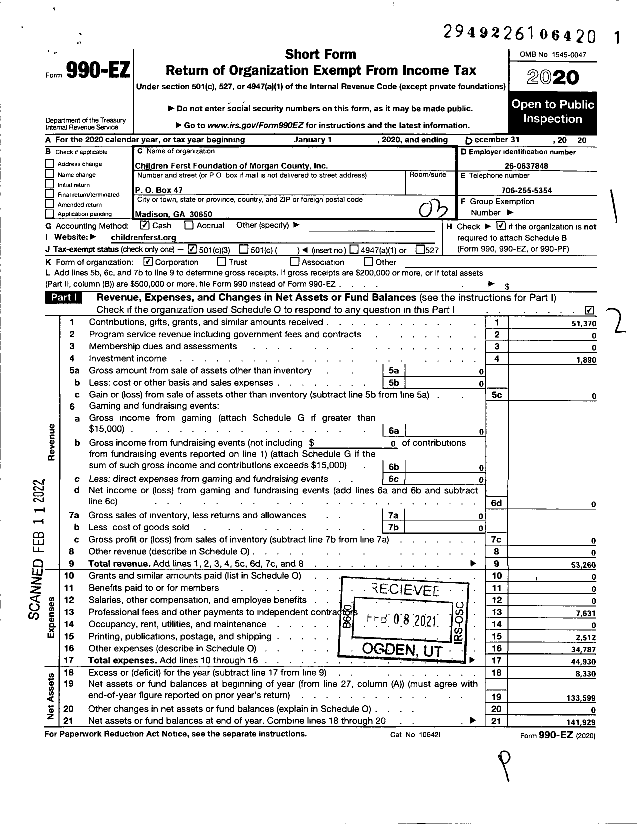 Image of first page of 2020 Form 990EZ for Children Ferst Foundation of Morgan County