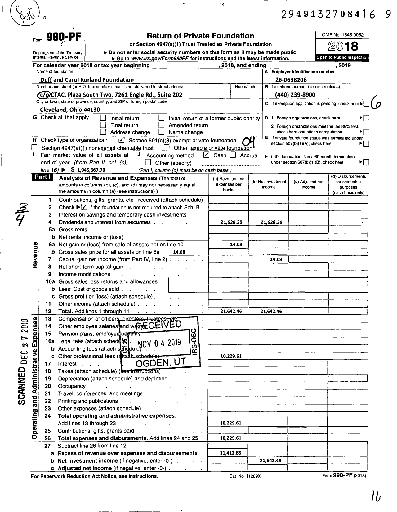 Image of first page of 2018 Form 990PF for Duff and Carol Kurland Foundation