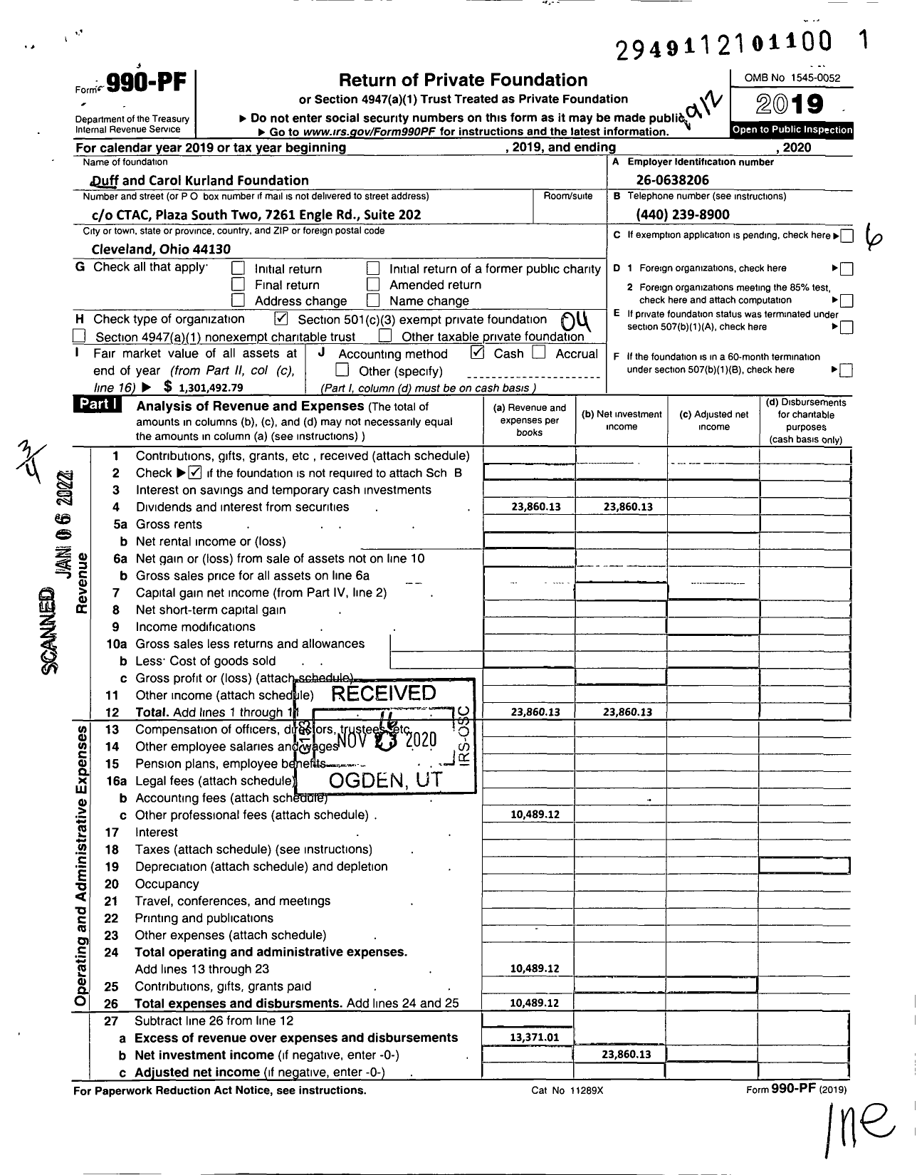 Image of first page of 2019 Form 990PF for Duff and Carol Kurland Foundation