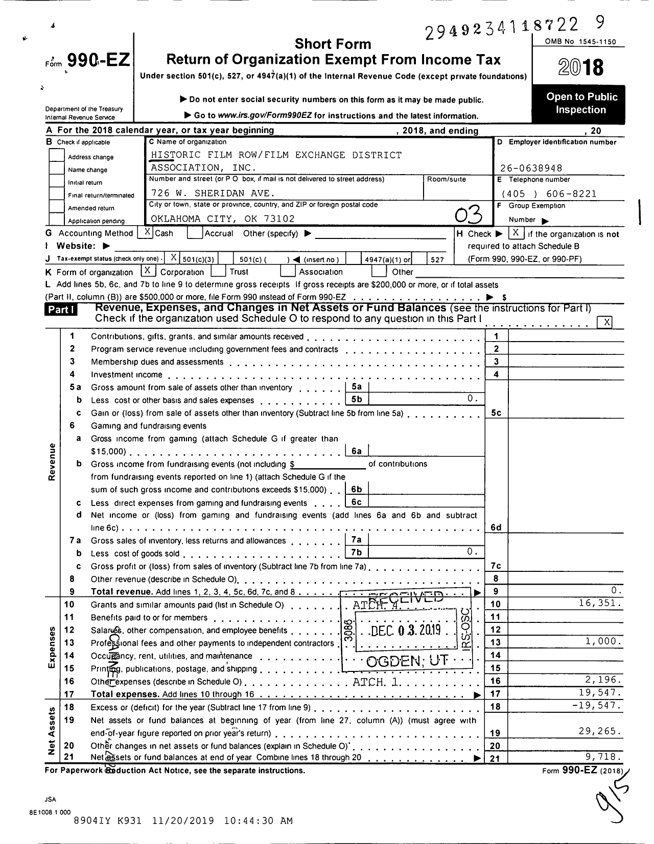 Image of first page of 2018 Form 990EZ for Historic Film Row Film Exchange District Association