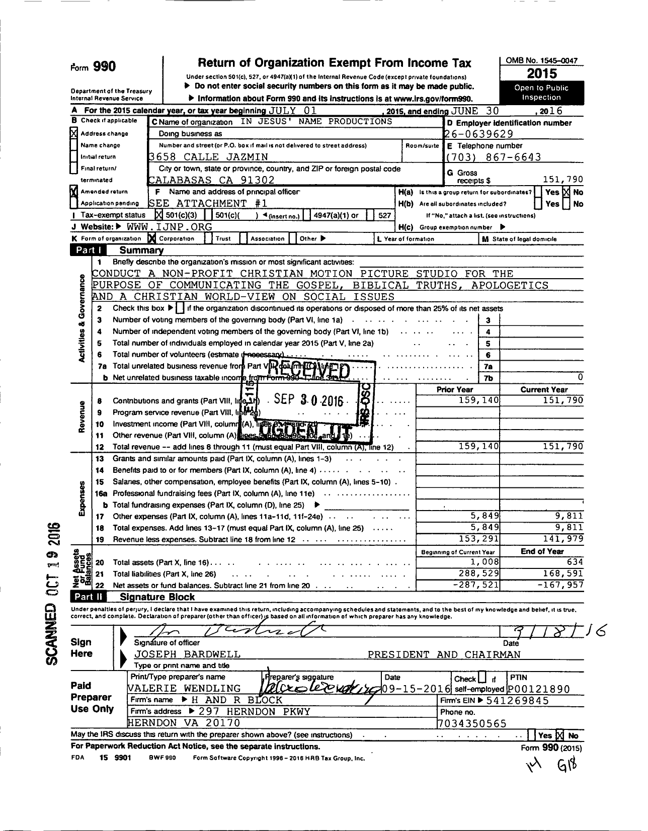 Image of first page of 2015 Form 990 for In Jesus' Name Productions