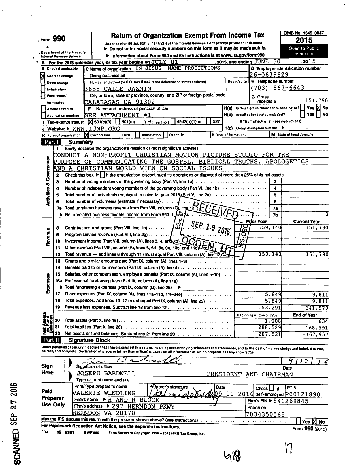 Image of first page of 2014 Form 990 for In Jesus' Name Productions