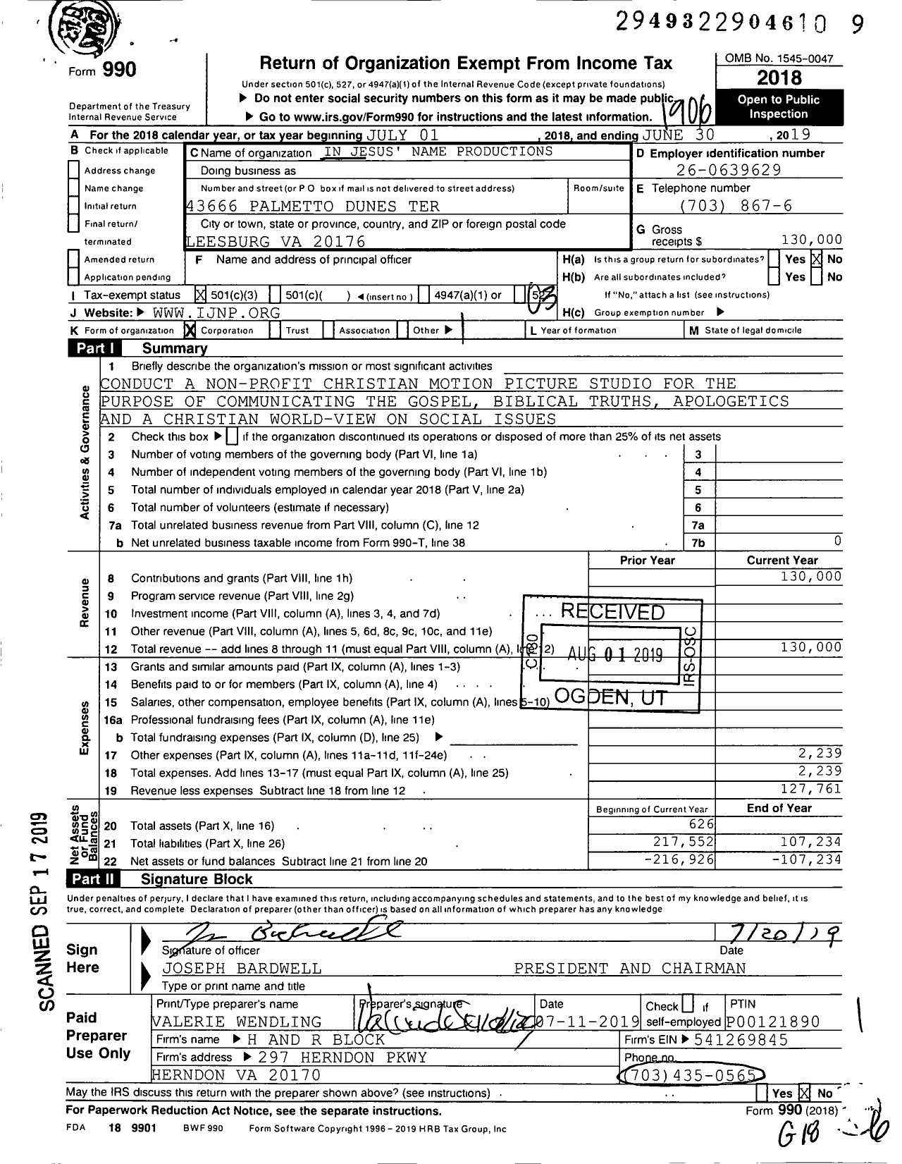 Image of first page of 2018 Form 990 for In Jesus' Name Productions