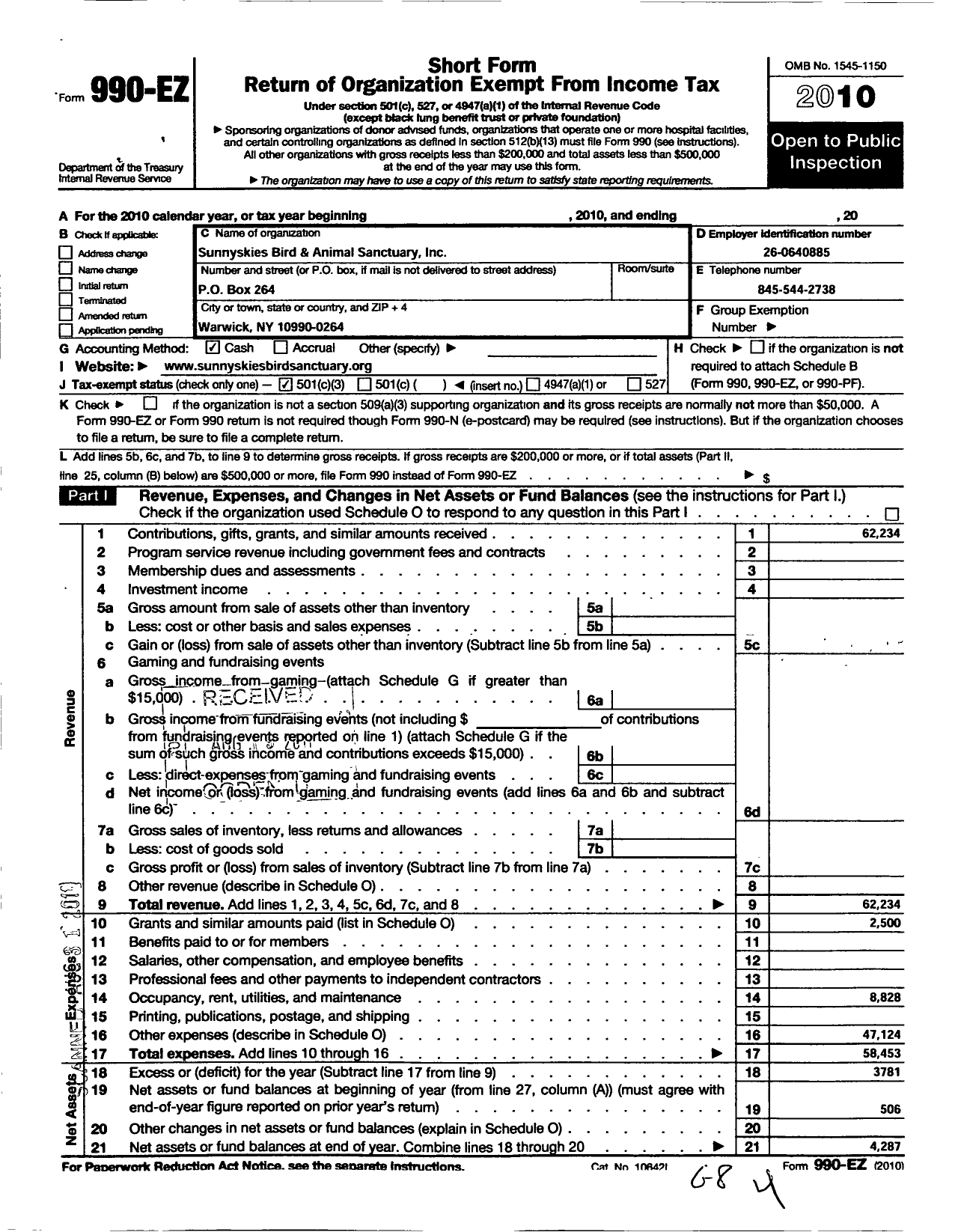 Image of first page of 2010 Form 990EZ for Sunnyskies Bird and Animal Sanct