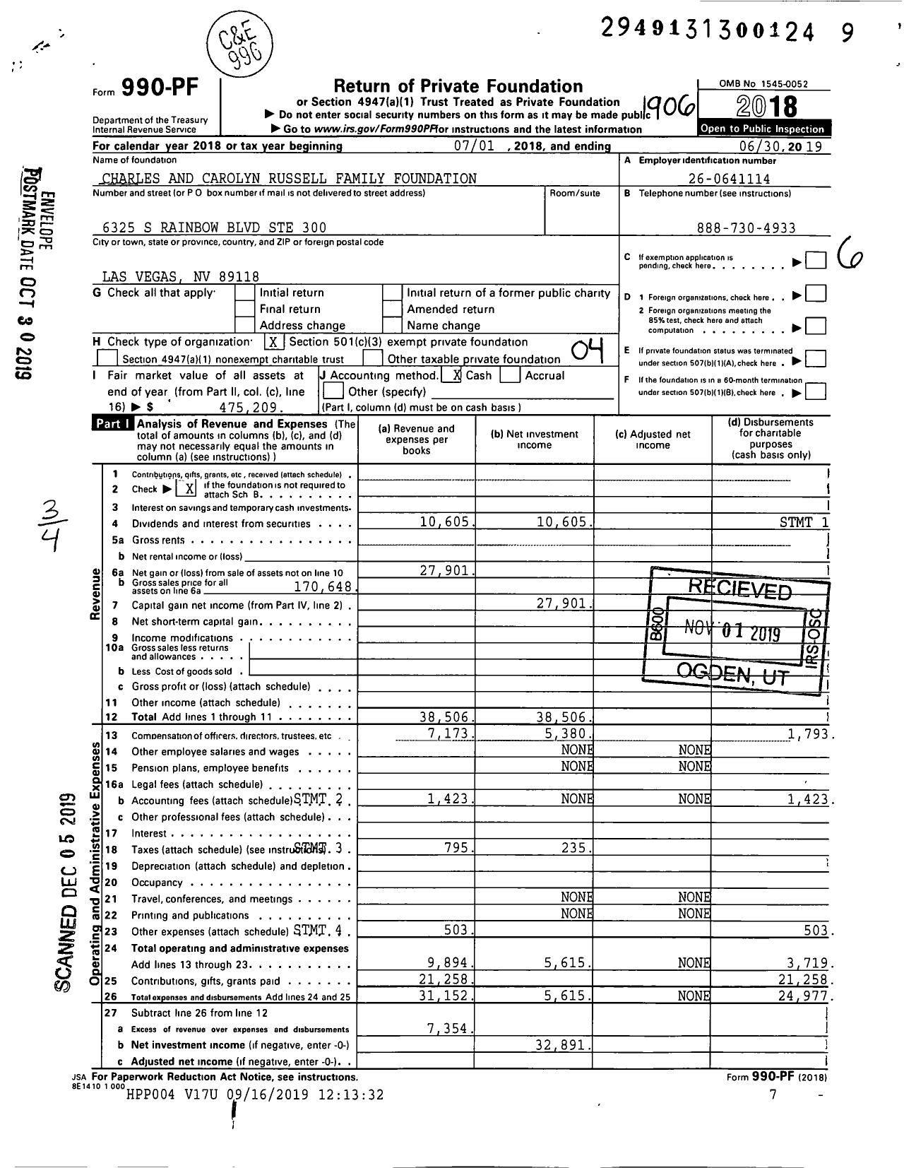 Image of first page of 2018 Form 990PF for Charles and Carolyn Russell Family Foundation