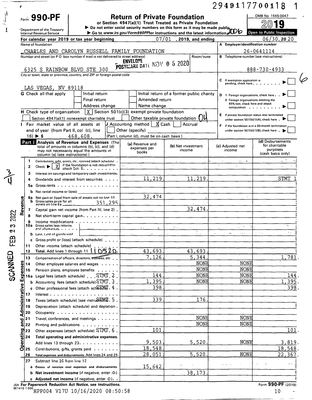 Image of first page of 2019 Form 990PF for Charles and Carolyn Russell Family Foundation