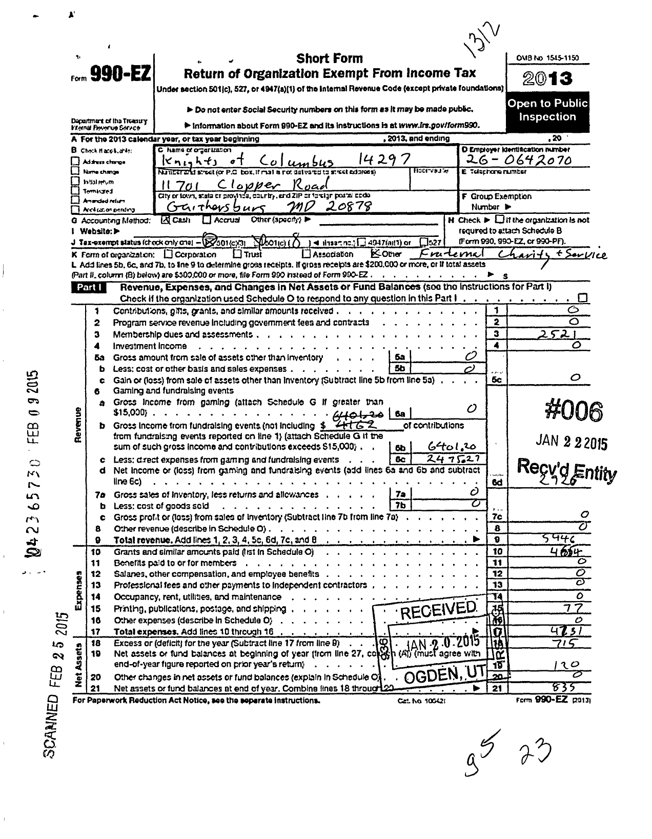 Image of first page of 2013 Form 990EO for Knights of Columbus - 14297 St Rose of Lima Council