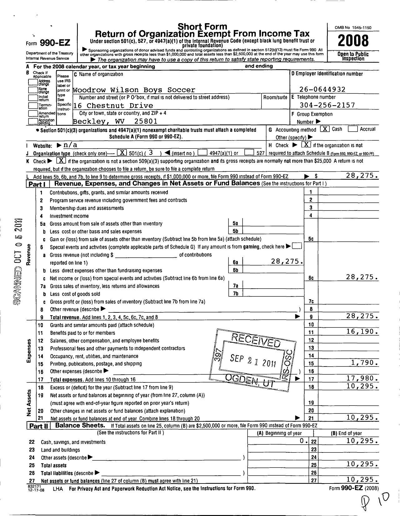 Image of first page of 2008 Form 990EZ for Woodrow Wilson Boys Soccer