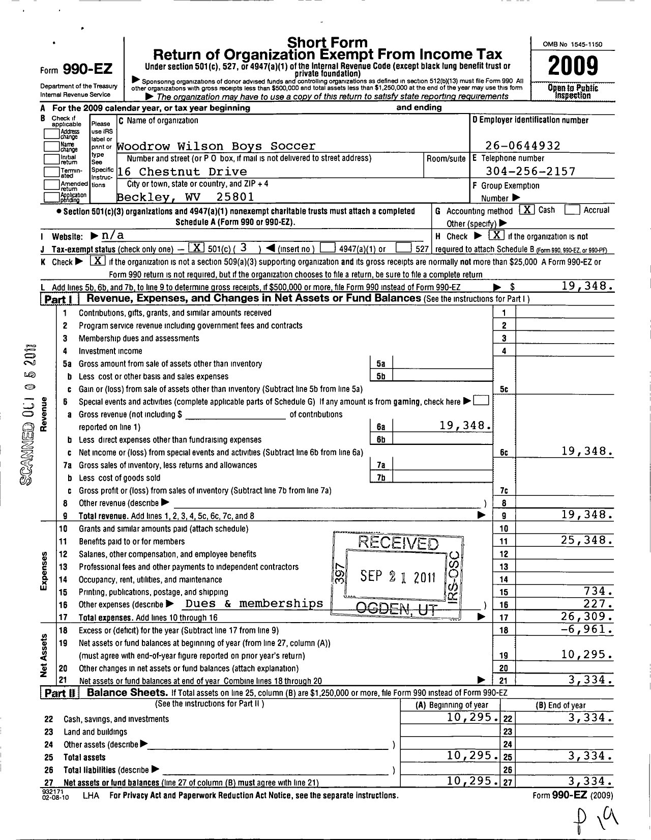 Image of first page of 2009 Form 990EZ for Woodrow Wilson Boys Soccer