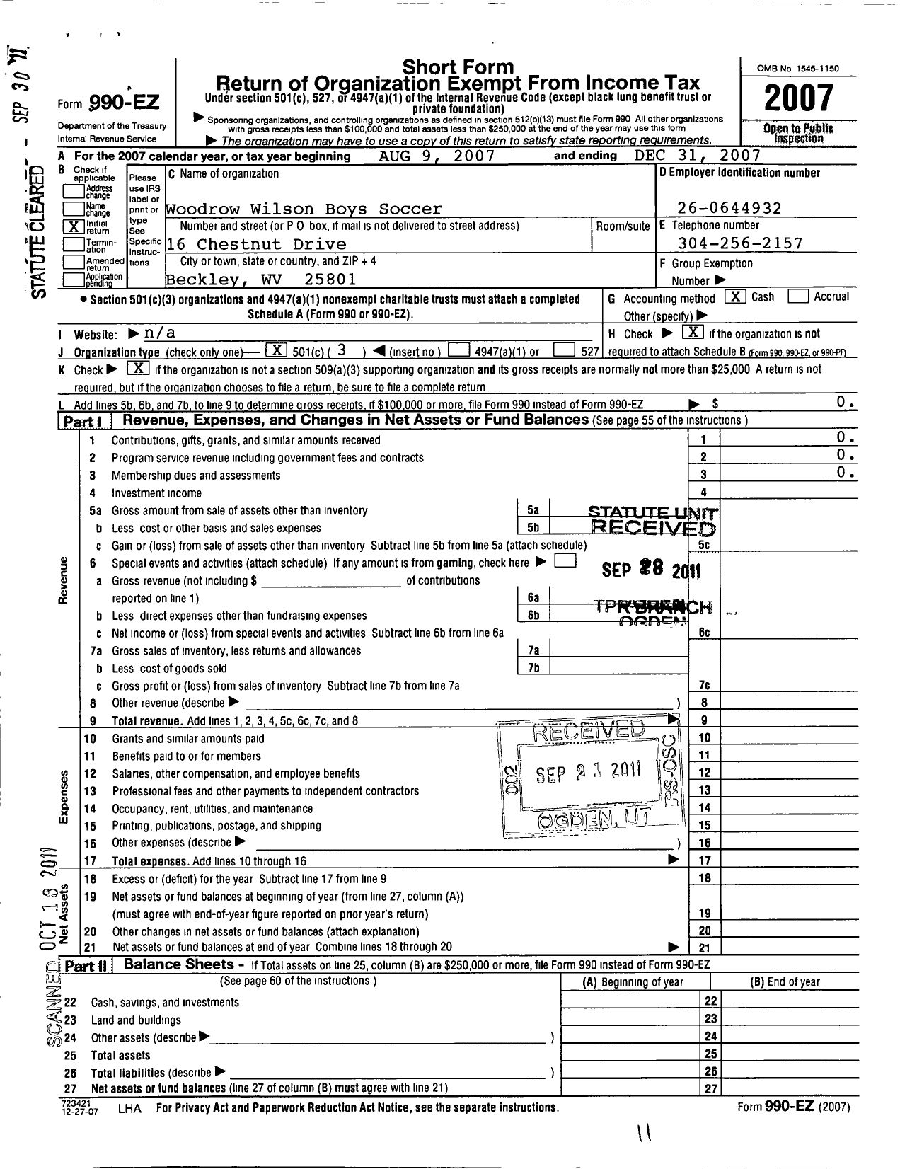 Image of first page of 2007 Form 990EZ for Woodrow Wilson Boys Soccer