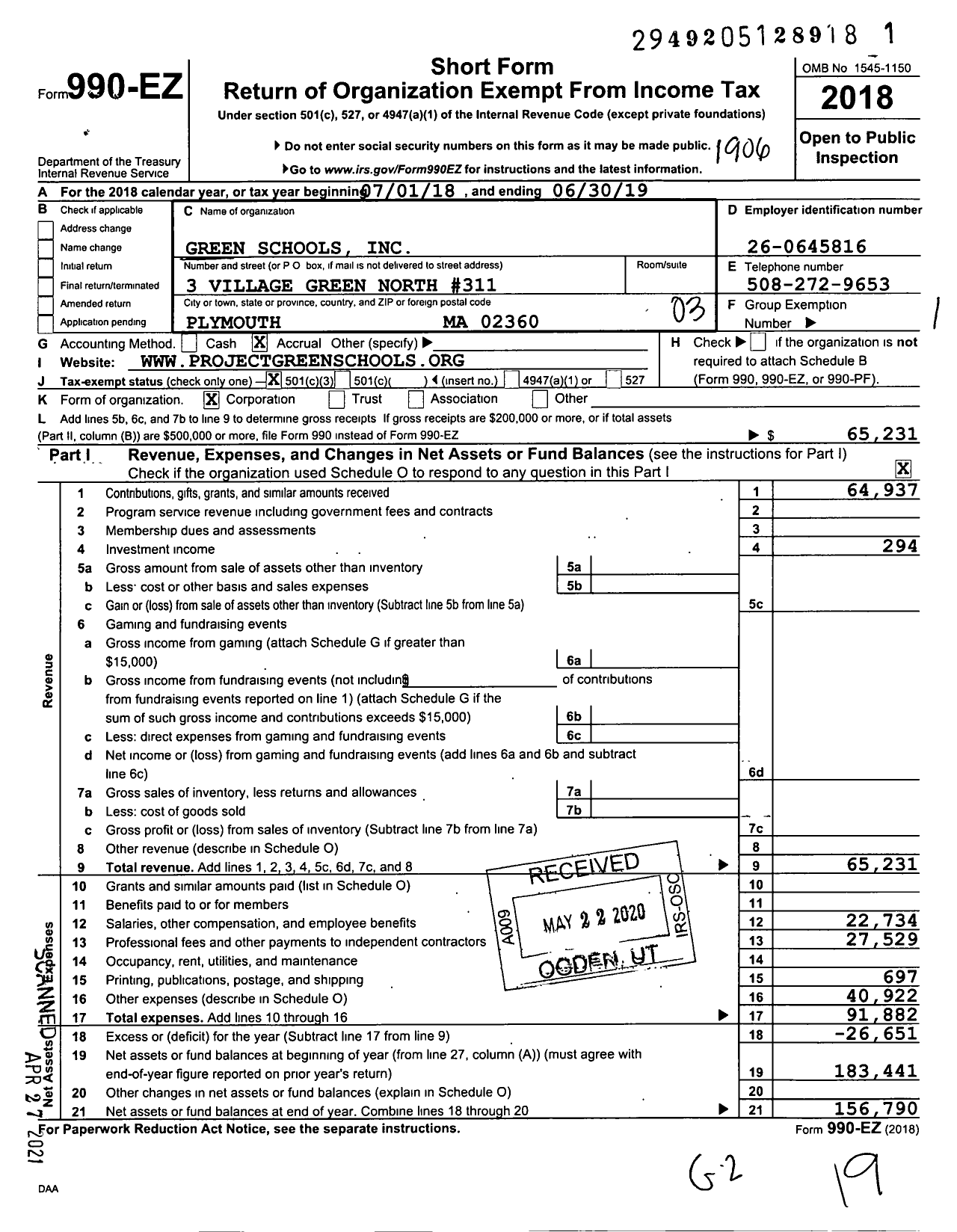 Image of first page of 2018 Form 990EZ for Green Schools