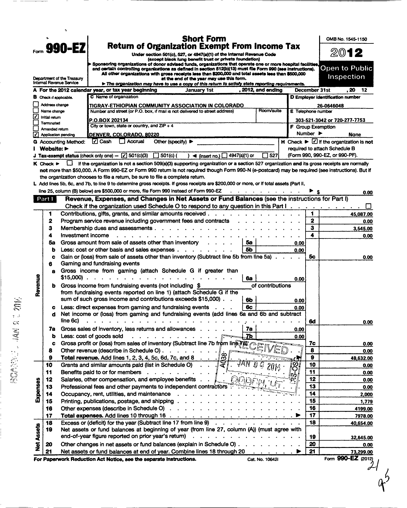 Image of first page of 2012 Form 990EZ for Tigray Ethiopian Community Association in Colorado