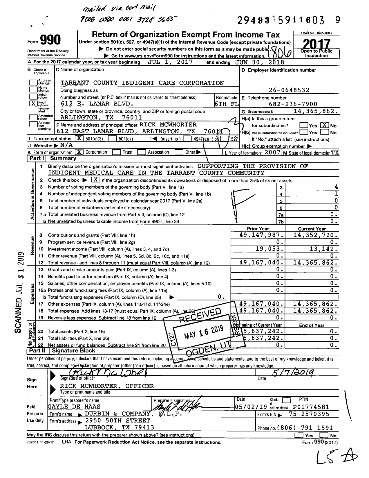 Image of first page of 2017 Form 990 for Tarrant County Indigent Carecorporation