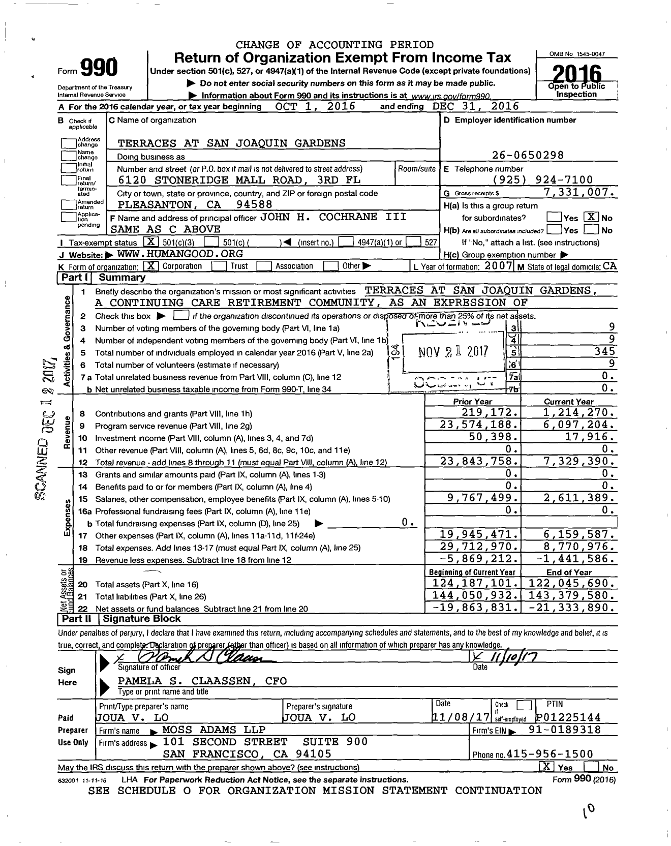 Image of first page of 2016 Form 990 for Terraces at San Joaquin Gardens