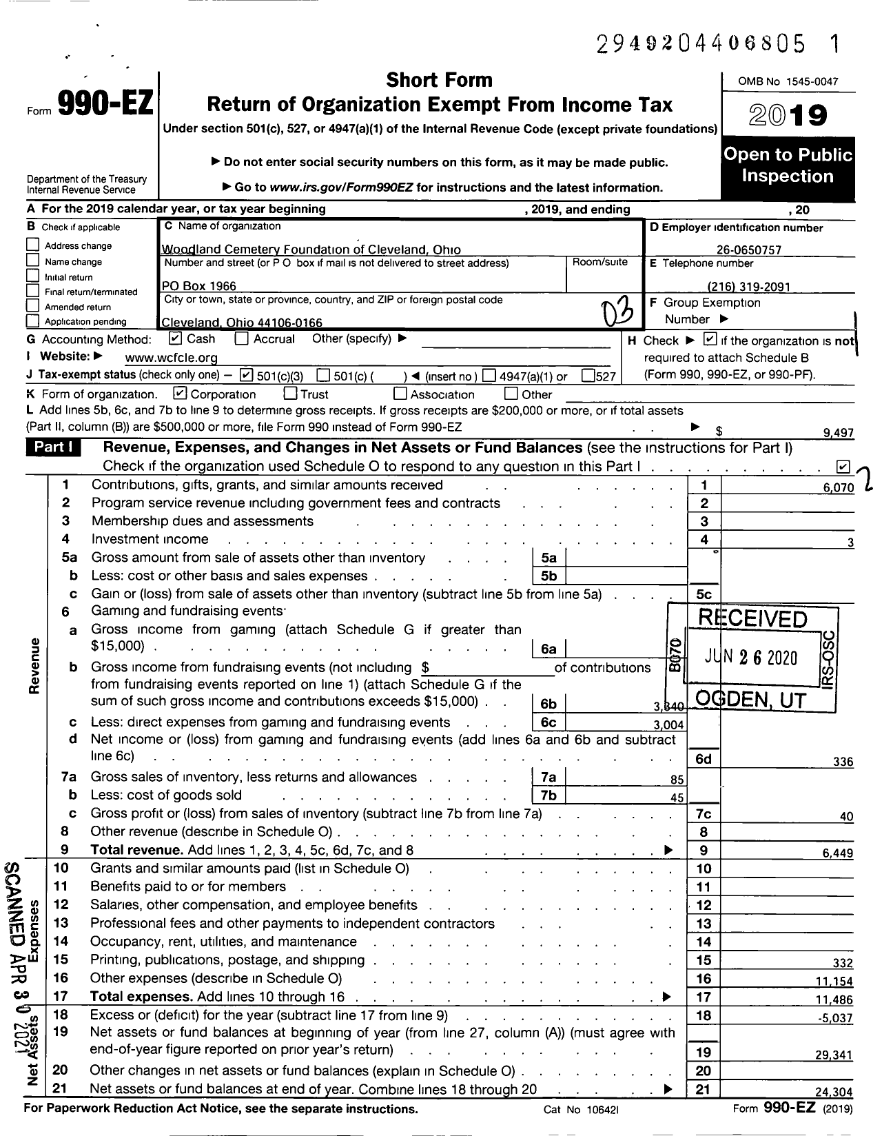 Image of first page of 2019 Form 990EZ for Woodland Cemetery Foundation Ofcleveland Ohio