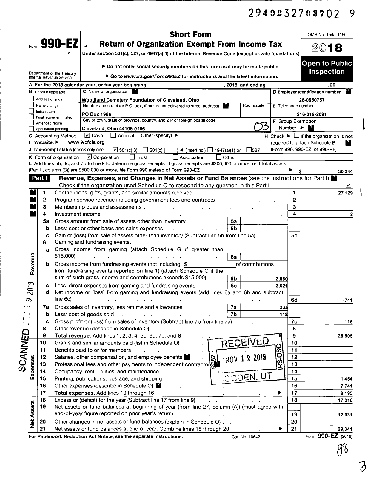 Image of first page of 2018 Form 990EZ for Woodland Cemetery Foundation Ofcleveland Ohio