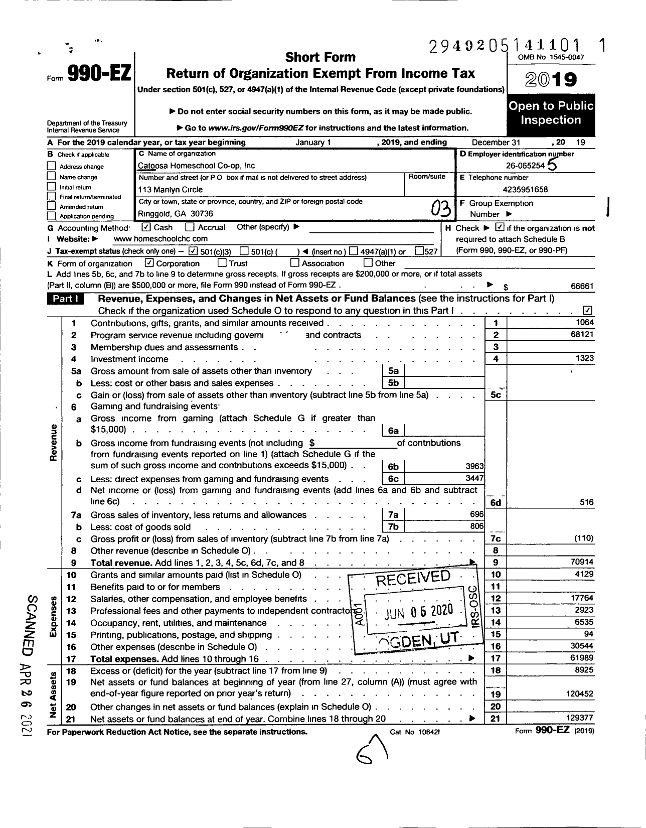 Image of first page of 2019 Form 990EZ for Catoosa Homeschool Co-Op