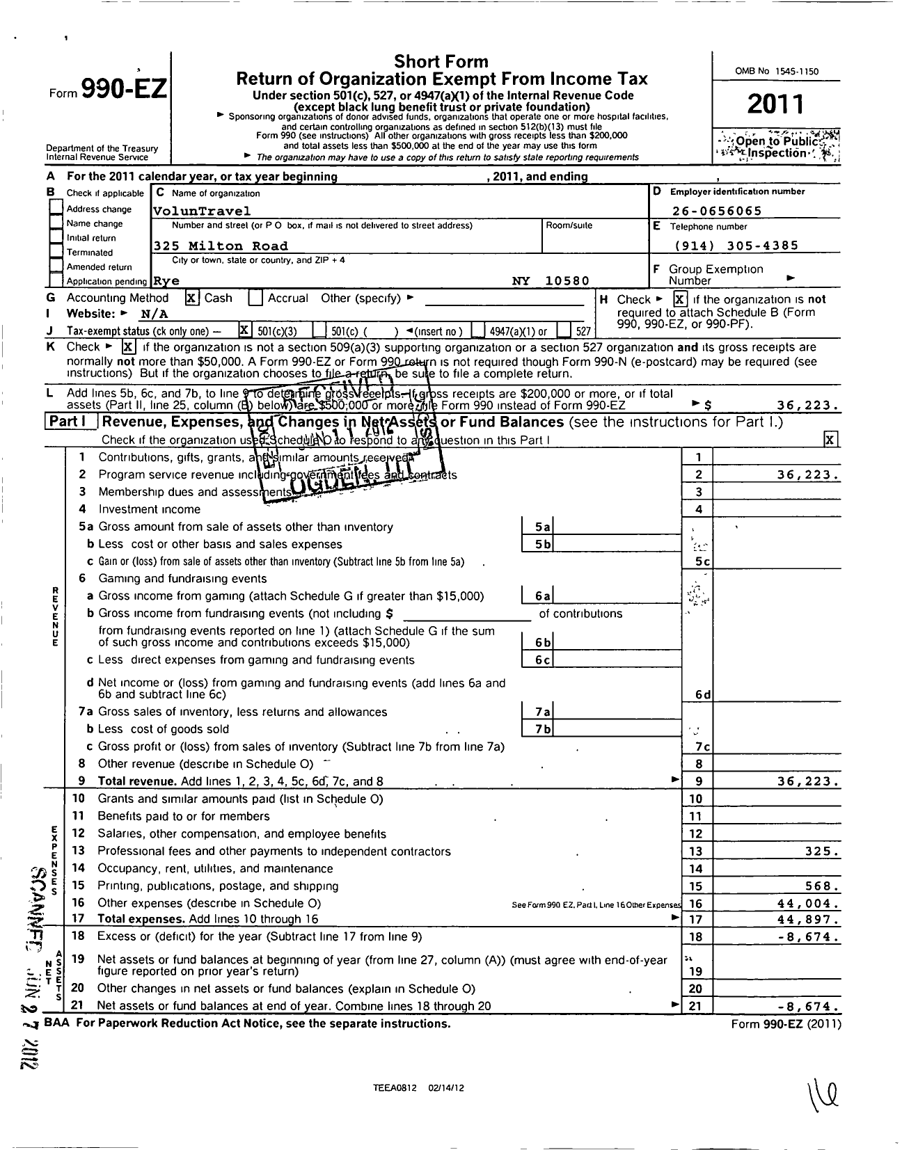 Image of first page of 2011 Form 990EZ for Voluntravel Incorporated