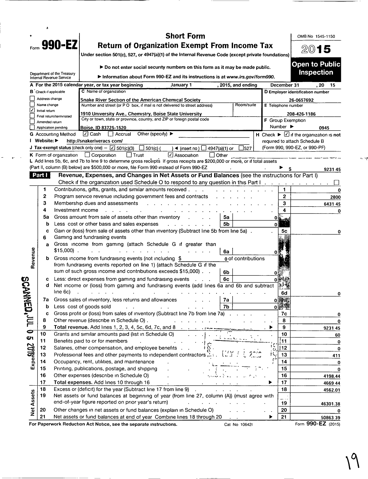 Image of first page of 2015 Form 990EZ for American Chemical Society - Snake River Section