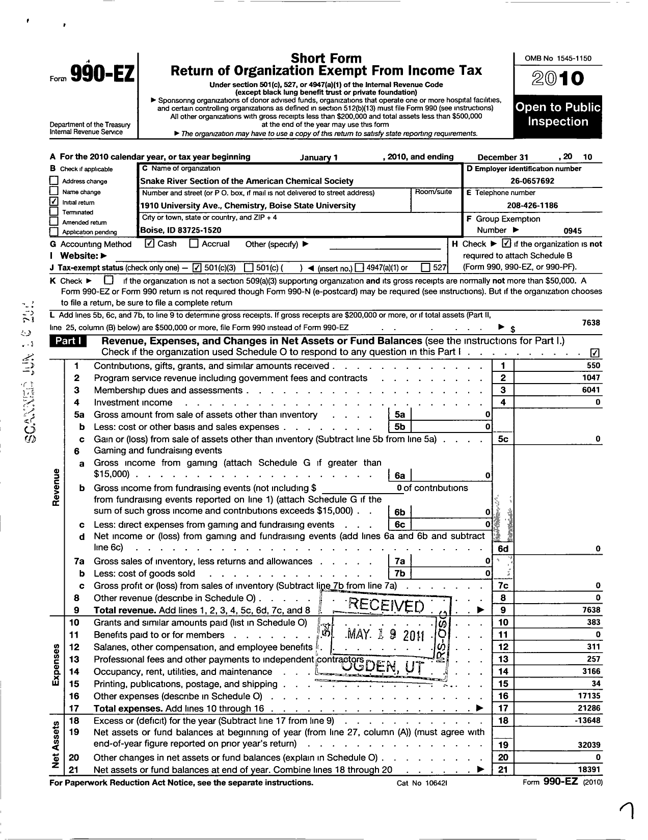 Image of first page of 2010 Form 990EZ for American Chemical Society - Snake River Section