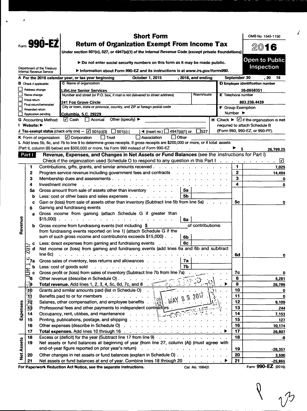 Image of first page of 2015 Form 990EZ for Lifeline Senior Services
