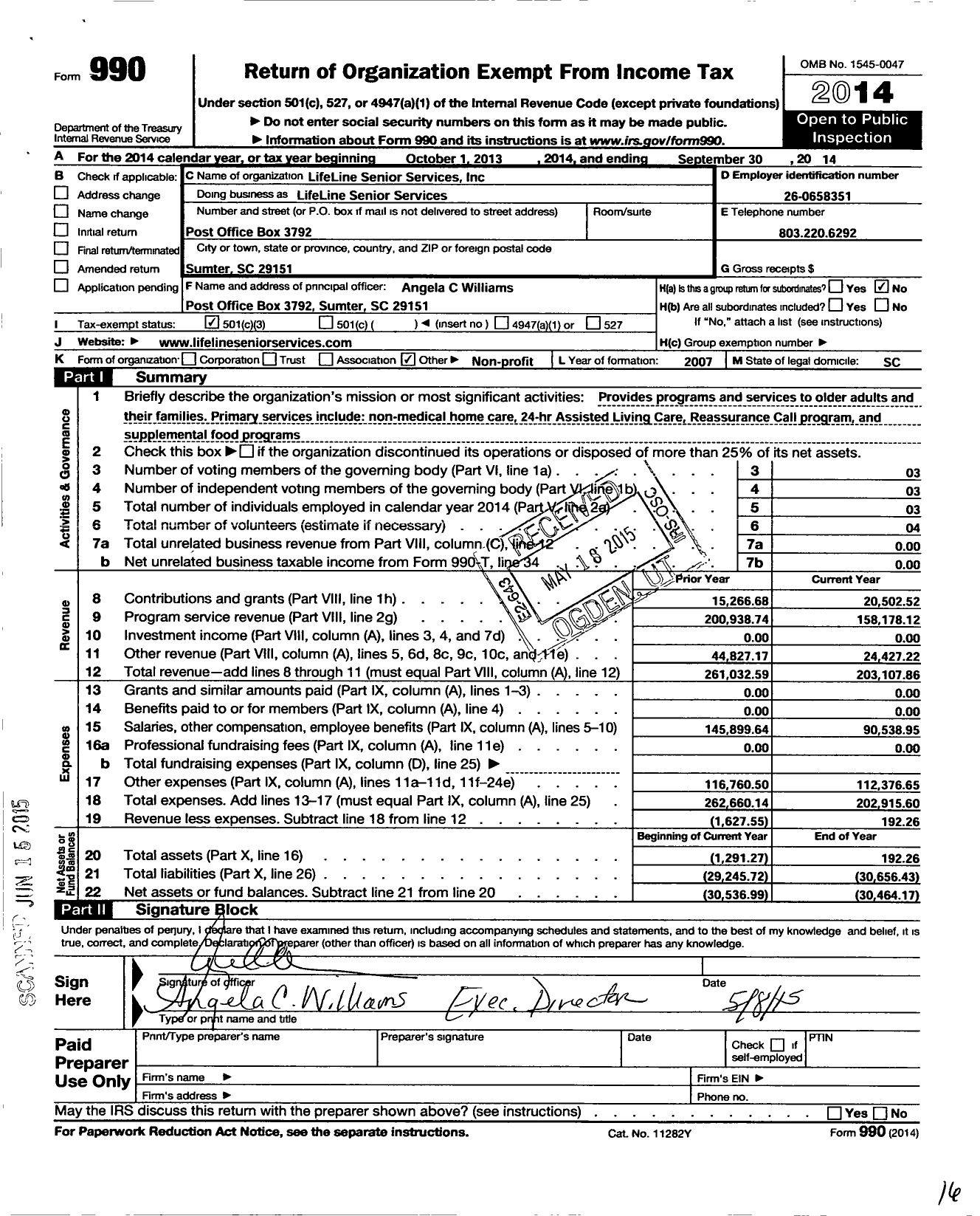 Image of first page of 2013 Form 990 for Lifeline Senior Services